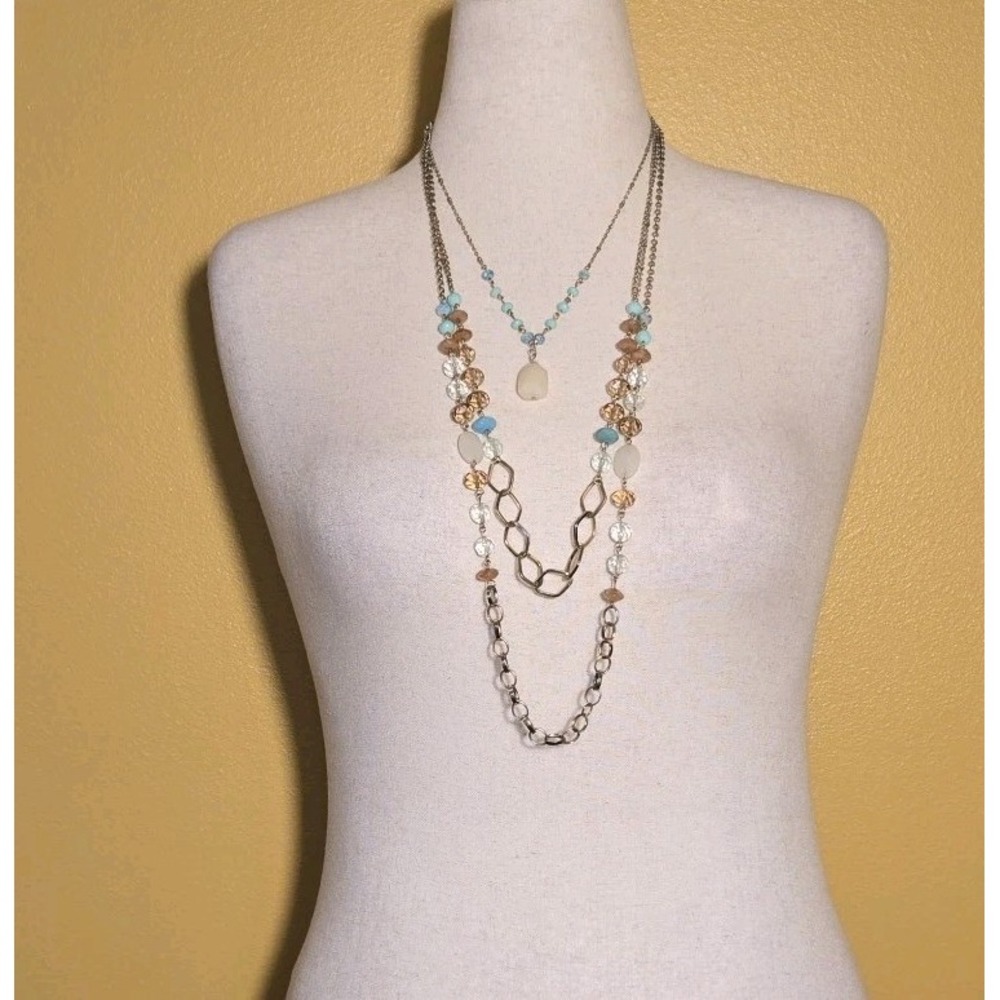 Multi Strand Layered Necklace Pastel Beads Gold Tone Chain Statement Jewelry 36"